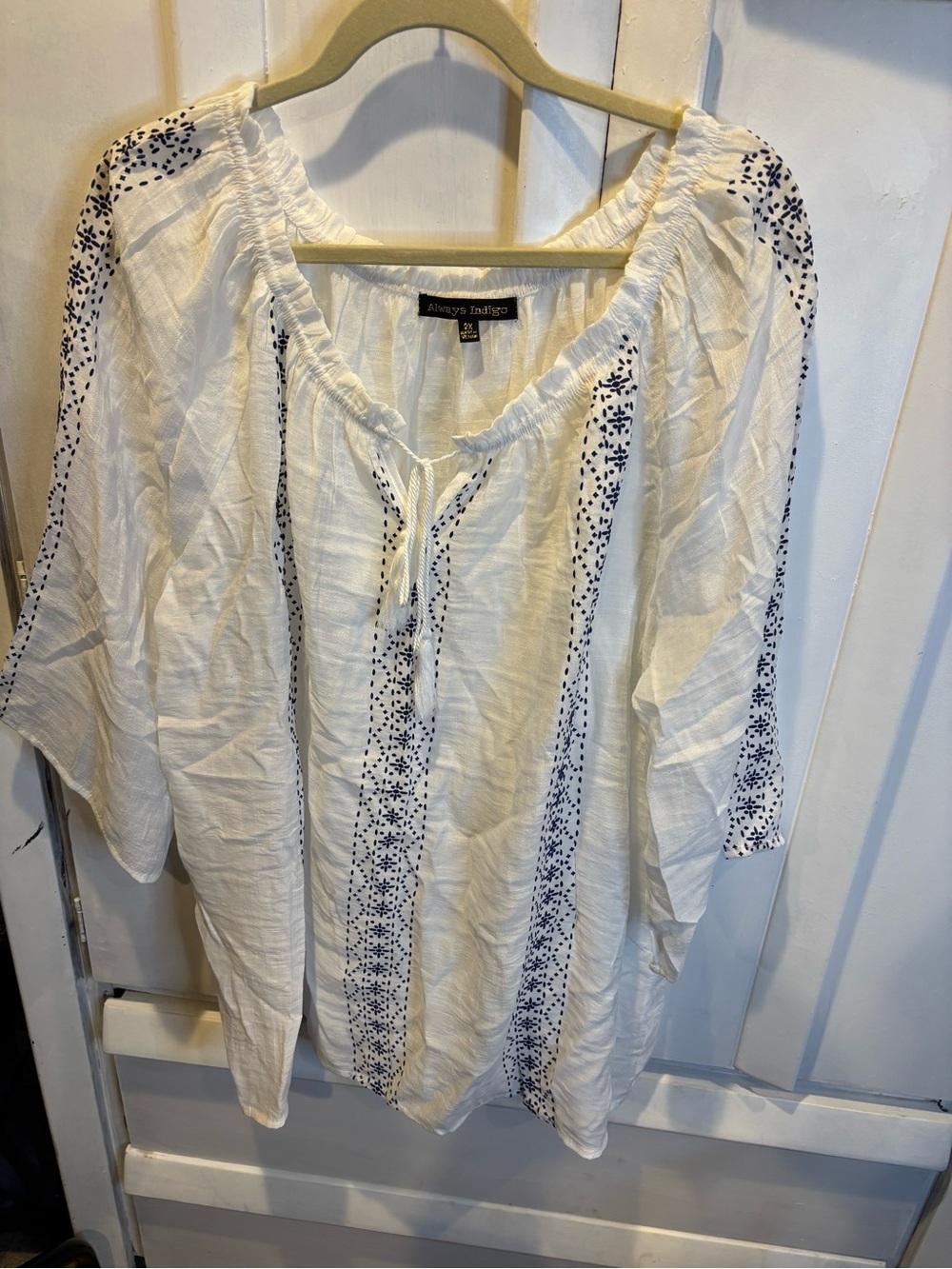 Avery Indigo White Peasant Tunic with Navy Dot Embroidery